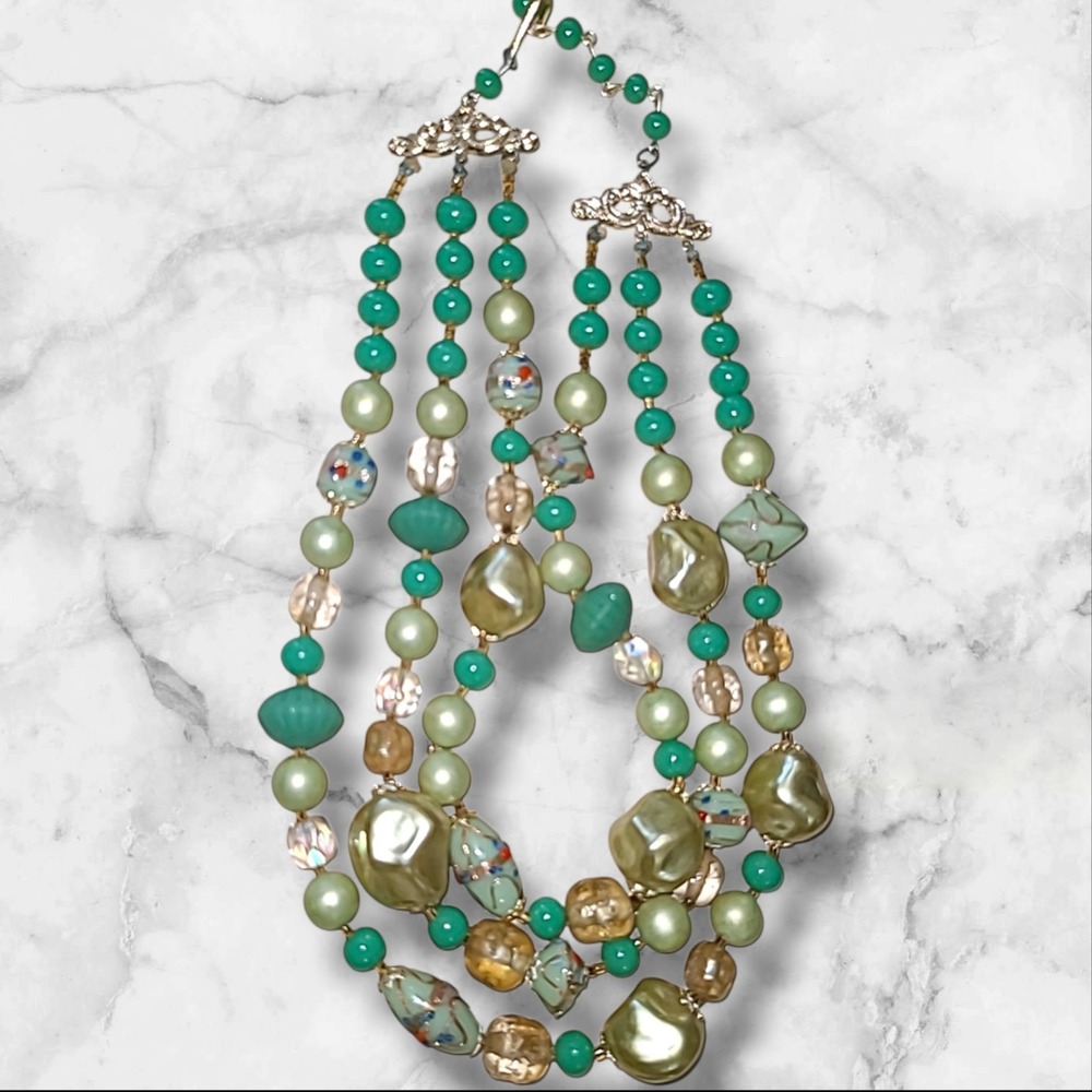 Vintage Japan 3 Strand Peking Glass Lampwork Bead Necklace Green Gold Tone15-17"
